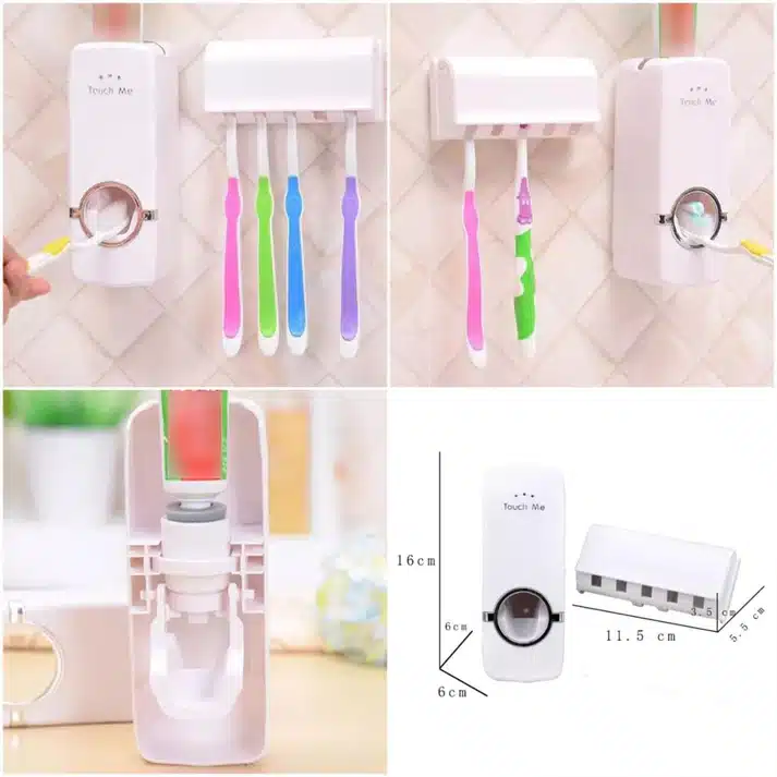 Automatic Toothpaste Dispenser, Press to Paste Toothpaste Squeezer and 5 Toothbrush Holders Bathroom Organizer - Image 2